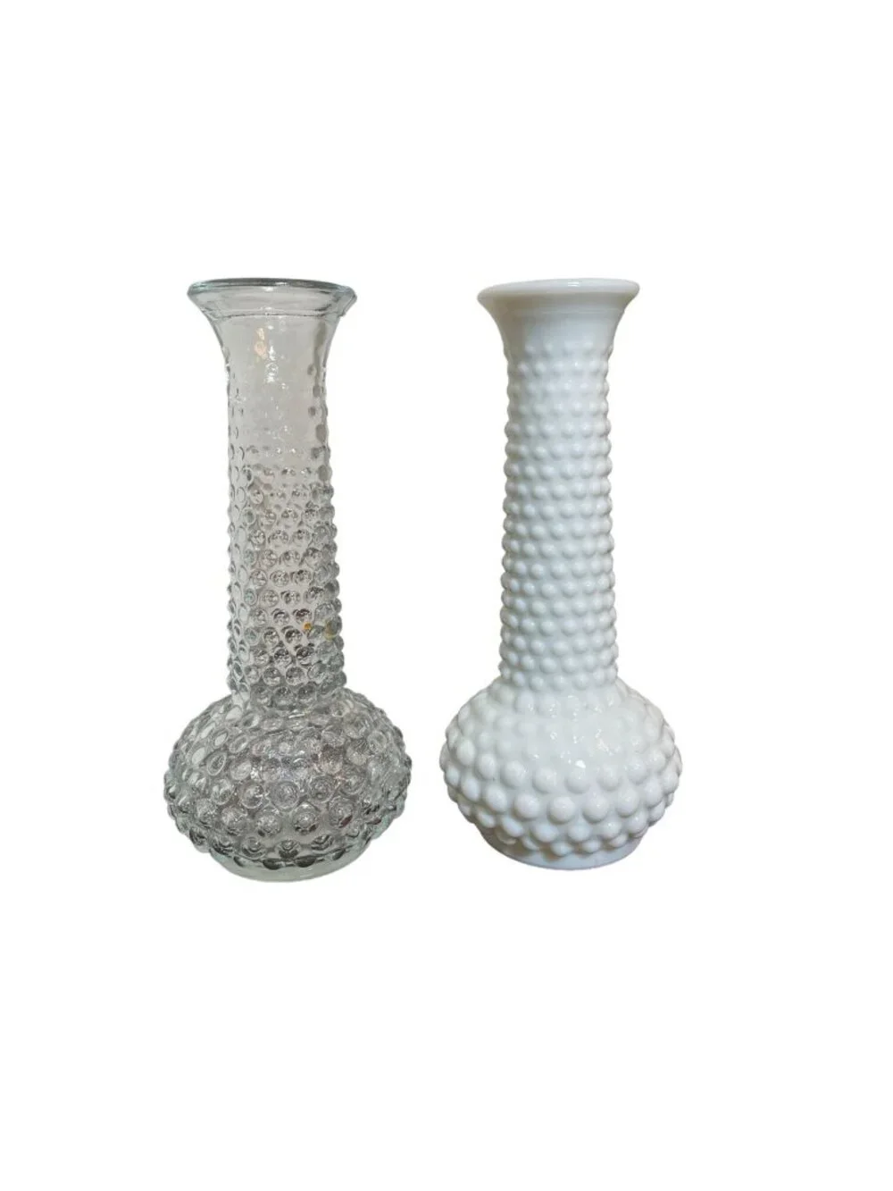 Vintage EO Brody Bud Vases - Set! Clear Glass and Milk Glass Hobnail pattern